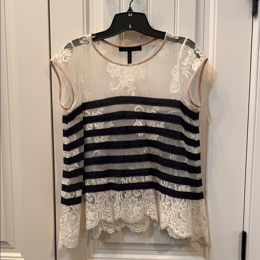 BCBGMaxAzria White and Blue Asymmetrical Embellished Blouse